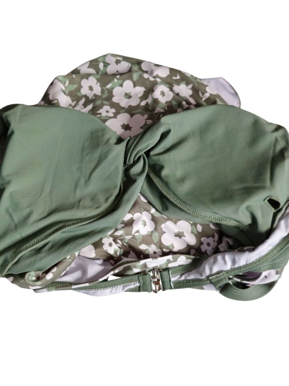 Green Floral One-Piece Swimsuit M Knot Front Cutout Adjustable Straps Lined - Picture 6 of 9